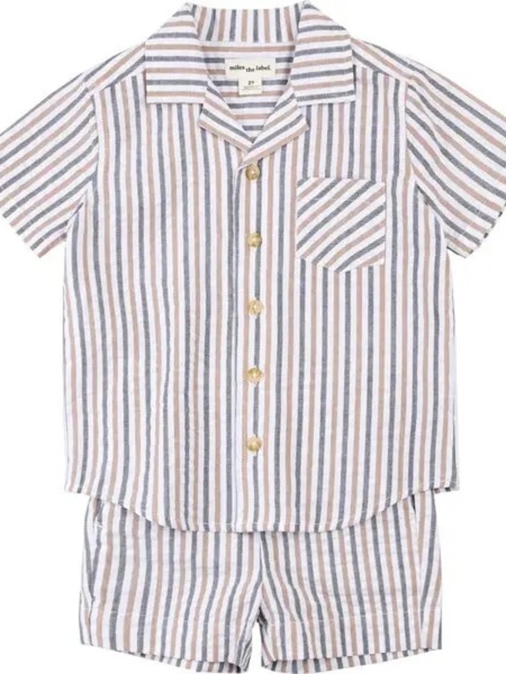 Miles The Label 5T Boys Kids Striped Short Set in White, Blue & Beige